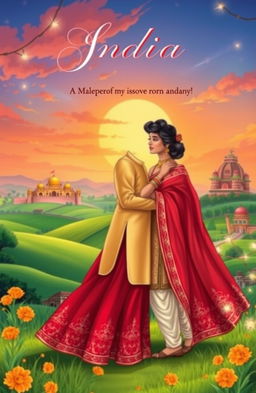 A beautifully illustrated cover for an Indian romance novel featuring a charming couple embracing each other in a picturesque setting