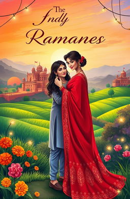 A beautifully illustrated cover for an Indian romance novel featuring a charming couple embracing each other in a picturesque setting