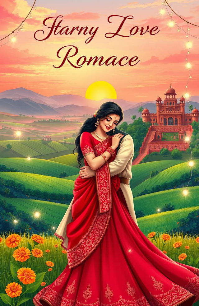 A beautifully illustrated cover for an Indian romance novel featuring a charming couple embracing each other in a picturesque setting