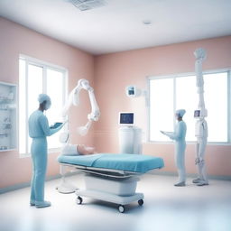 A photorealistic 3D image portraying AI-powered digital healthcare clinic, with patients, a doctor, and nurse care robots conducting an operation on a patient