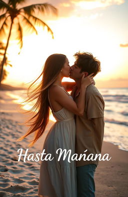 An intimate scene depicting a young woman with flowing long brown hair, wearing a light and airy summer dress, gently kissing a man on a beautiful beach at sunset