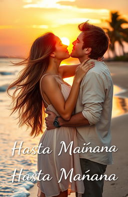 An intimate scene depicting a young woman with flowing long brown hair, wearing a light and airy summer dress, gently kissing a man on a beautiful beach at sunset