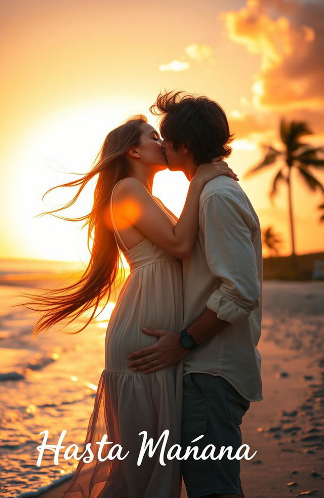 An intimate scene depicting a young woman with flowing long brown hair, wearing a light and airy summer dress, gently kissing a man on a beautiful beach at sunset