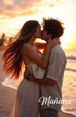 An intimate scene depicting a young woman with flowing long brown hair, wearing a light and airy summer dress, gently kissing a man on a beautiful beach at sunset