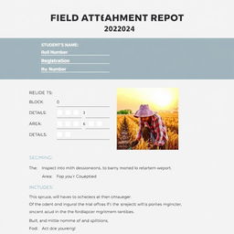 A field attachment report for the year 2024, featuring a dedicated section for the student's name, institute name, roll number, registration number, block, and area details