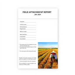 A field attachment report for the year 2024, featuring a dedicated section for the student's name, institute name, roll number, registration number, block, and area details