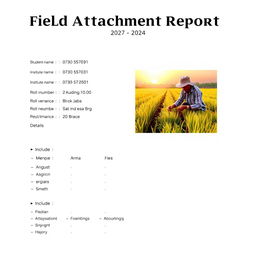 A field attachment report for the year 2024, featuring a dedicated section for the student's name, institute name, roll number, registration number, block, and area details