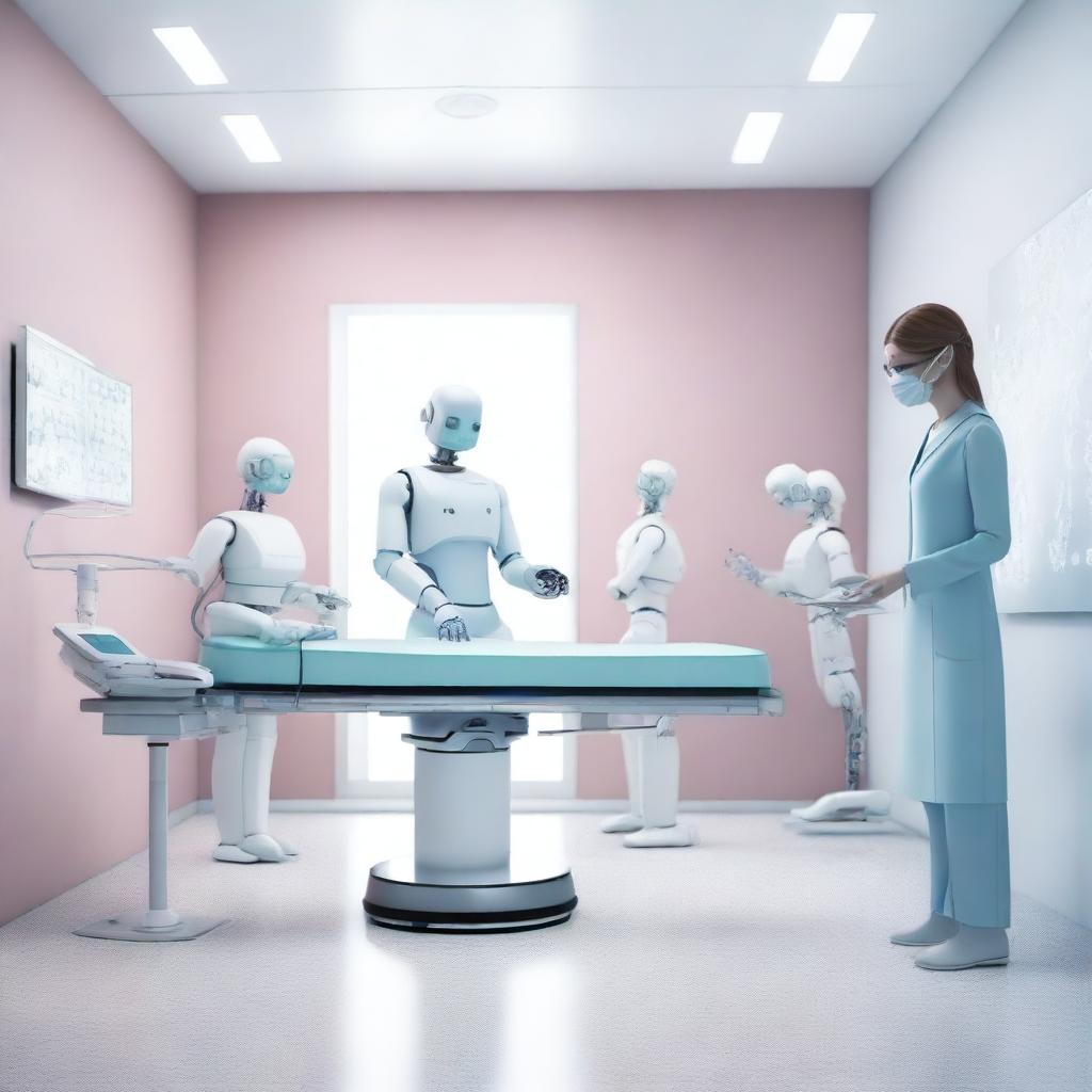 A photorealistic 3D image portraying AI-powered digital healthcare clinic, with patients, a doctor, and nurse care robots conducting an operation on a patient