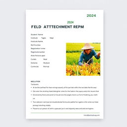 A field attachment report for the year 2024, featuring a dedicated section for the student's name, institute name, roll number, registration number, block, and area details