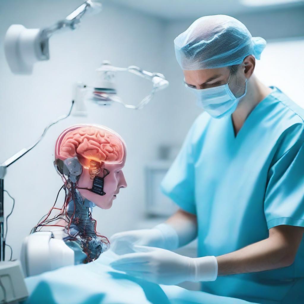 A photorealistic 3D image illustrating a robotic doctor under the AI-powered digital healthcare system, conducting a delicate brain surgery for implant upgrade on a young Caucasian male