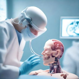 A photorealistic 3D image illustrating a robotic doctor under the AI-powered digital healthcare system, conducting a delicate brain surgery for implant upgrade on a young Caucasian male