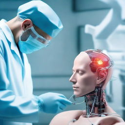 A photorealistic 3D image illustrating a robotic doctor under the AI-powered digital healthcare system, conducting a delicate brain surgery for implant upgrade on a young Caucasian male