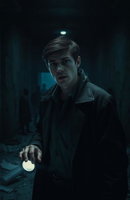A dark and intense psychological thriller scene set in a dimly lit, abandoned warehouse