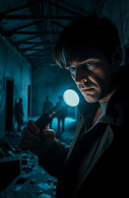 A dark and intense psychological thriller scene set in a dimly lit, abandoned warehouse
