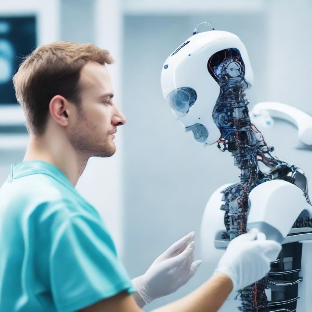 A photorealistic 3D image illustrating a robotic doctor under the AI-powered digital healthcare system, conducting a delicate brain surgery for implant upgrade on a young Caucasian male