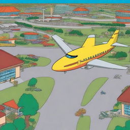 A colorful and fun cartoon representation of a plane landing at Dallas Fort Worth Airport, with the terminal buildings, runways and lively environment