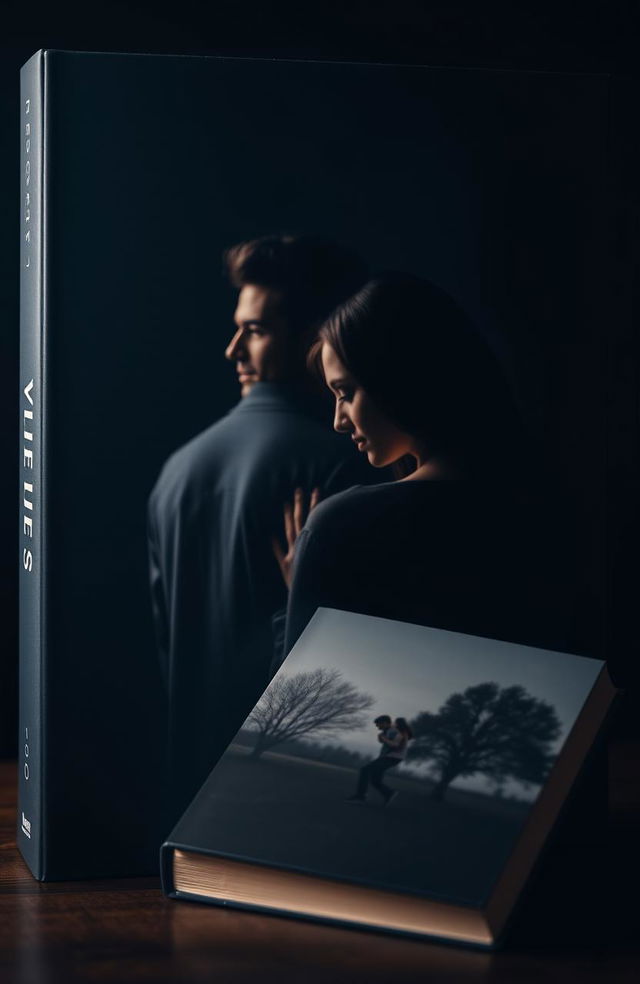 A visually striking book cover featuring a couple in the background, portrayed with a dark theme and rendered in a photorealistic style