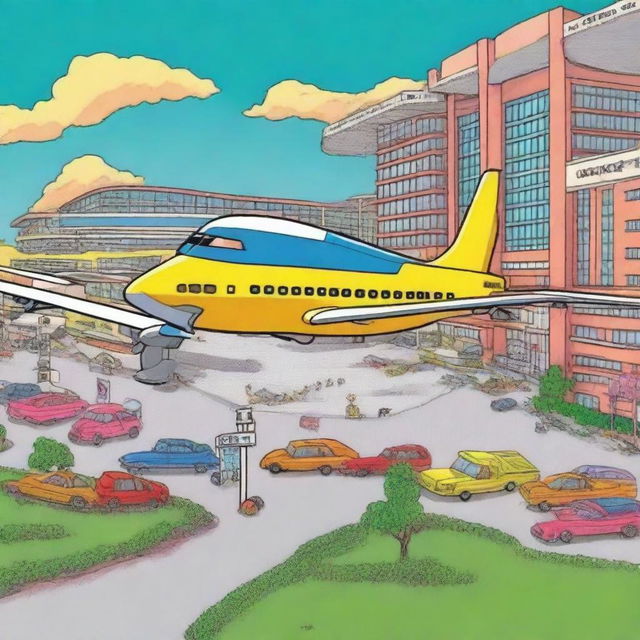 A colorful and fun cartoon representation of a plane landing at Dallas Fort Worth Airport, with the terminal buildings, runways and lively environment