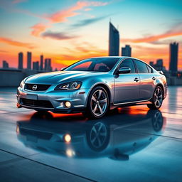 A sleek, modern car designed to resemble a 1998 Nissan Maxima, featuring smooth lines, an aerodynamic body, and contemporary styling elements