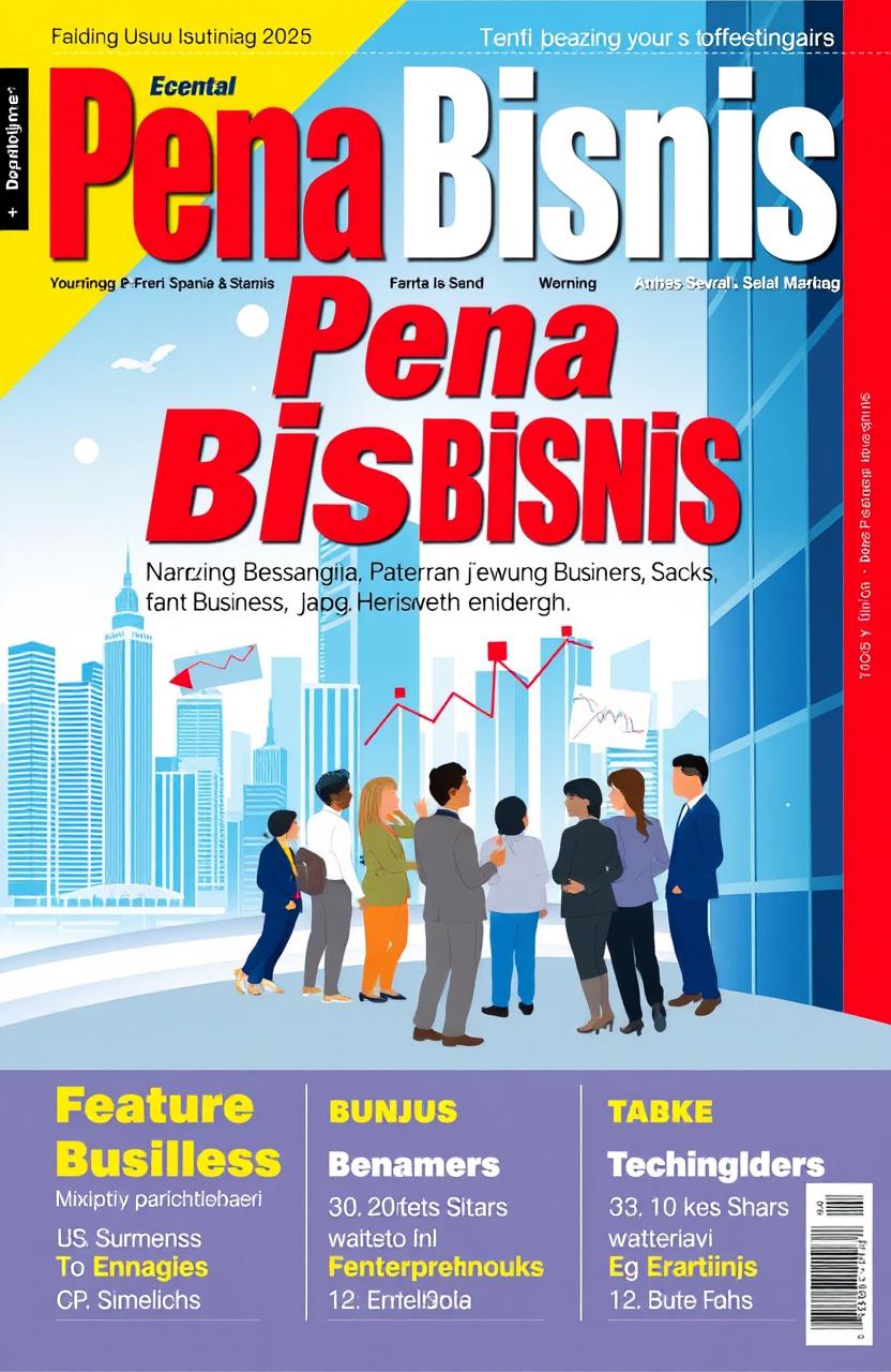 A vibrant magazine cover featuring the title 'Pena Bisnis'