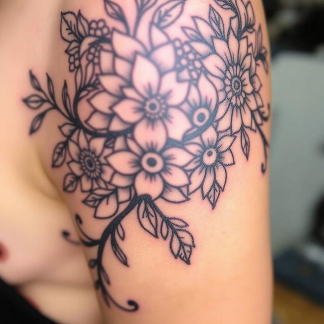 A close-up of a beautifully detailed tattoo design featuring intricate floral patterns intertwined with geometric shapes