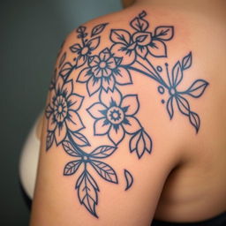 A close-up of a beautifully detailed tattoo design featuring intricate floral patterns intertwined with geometric shapes