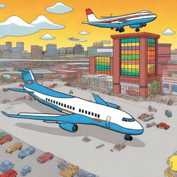 A colorful and fun cartoon representation of a plane landing at Dallas Fort Worth Airport, with the terminal buildings, runways and lively environment