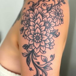 A close-up of a beautifully detailed tattoo design featuring intricate floral patterns intertwined with geometric shapes
