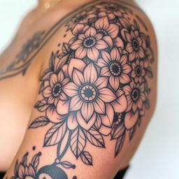 A close-up of a beautifully detailed tattoo design featuring intricate floral patterns intertwined with geometric shapes