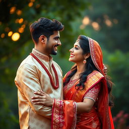 A romantic couple in a photorealistic style, reflecting Indian culture and attire