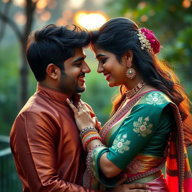 A romantic couple in a photorealistic style, reflecting Indian culture and attire