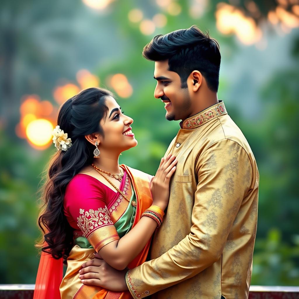 A romantic couple in a photorealistic style, reflecting Indian culture and attire