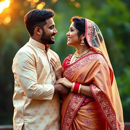 A romantic couple in a photorealistic style, reflecting Indian culture and attire