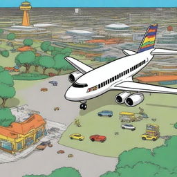 A colorful and fun cartoon representation of a plane landing at Dallas Fort Worth Airport, with the terminal buildings, runways and lively environment