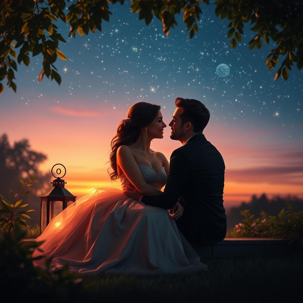 A romantic scene depicting a couple sitting together under a starlit sky, surrounded by lush greenery