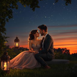 A romantic scene depicting a couple sitting together under a starlit sky, surrounded by lush greenery