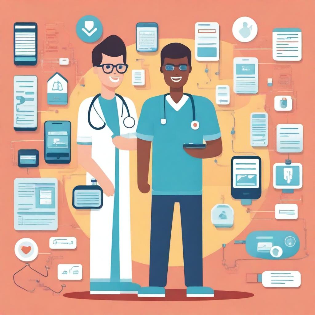 Create an engaging and colorful cartoon of digital health concepts, showing elements like wearable health monitors, telemedicine visits, and digital patient records