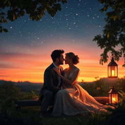 A romantic scene depicting a couple sitting together under a starlit sky, surrounded by lush greenery