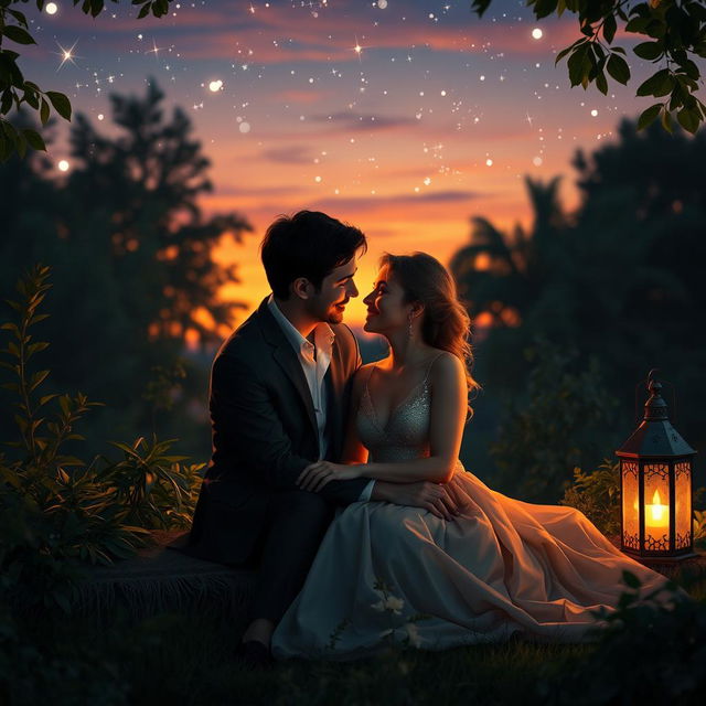 A romantic scene depicting a couple sitting together under a starlit sky, surrounded by lush greenery