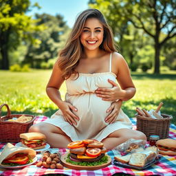 A playful and humorous scene featuring a young woman with a stuffed belly