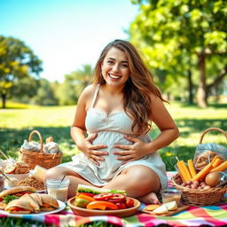 A playful and humorous scene featuring a young woman with a stuffed belly