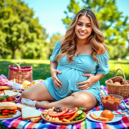 A playful and humorous scene featuring a young woman with a stuffed belly