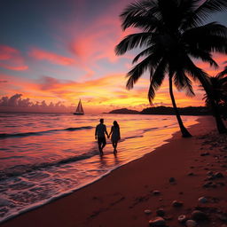 A serene beach scene at sunset, vivid orange and pink skies reflecting off gentle waves lapping at the shore