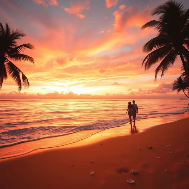 A serene beach scene at sunset, vivid orange and pink skies reflecting off gentle waves lapping at the shore