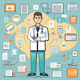 Create an engaging and colorful cartoon of digital health concepts, showing elements like wearable health monitors, telemedicine visits, and digital patient records