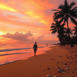 A serene beach scene at sunset, vivid orange and pink skies reflecting off gentle waves lapping at the shore