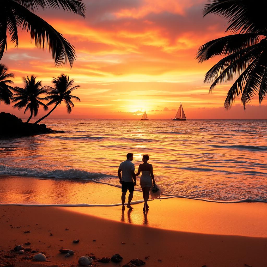 A serene beach scene at sunset, vivid orange and pink skies reflecting off gentle waves lapping at the shore