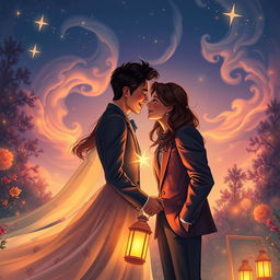 A semi-realistic romantic scene featuring a couple whispering sweet nothings to each other under a magical starlit sky, surrounded by an enchanting forest