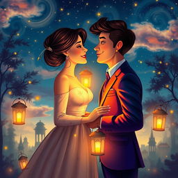 A semi-realistic romantic scene featuring a couple whispering sweet nothings to each other under a magical starlit sky, surrounded by an enchanting forest