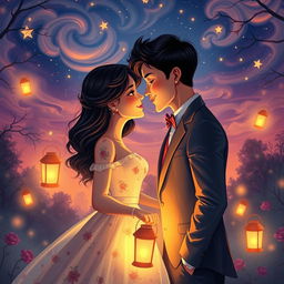 A semi-realistic romantic scene featuring a couple whispering sweet nothings to each other under a magical starlit sky, surrounded by an enchanting forest